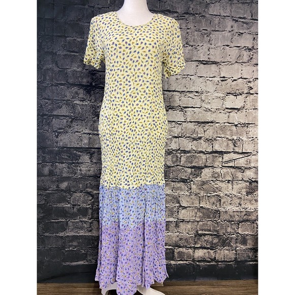 J.G. Hook Dress Womens Medium Yellow Purple Floral Print Tiered Maxi Short Sleev - Picture 1 of 13